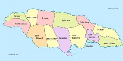 Een kaart van jamaica met gemeenten en hoofdsteden