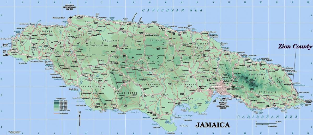 fysieke kaart van jamaica weergegeven bergen