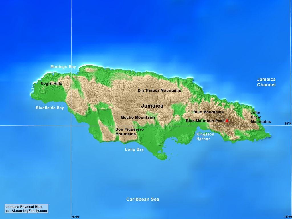 Kaart van jamaica bergen 