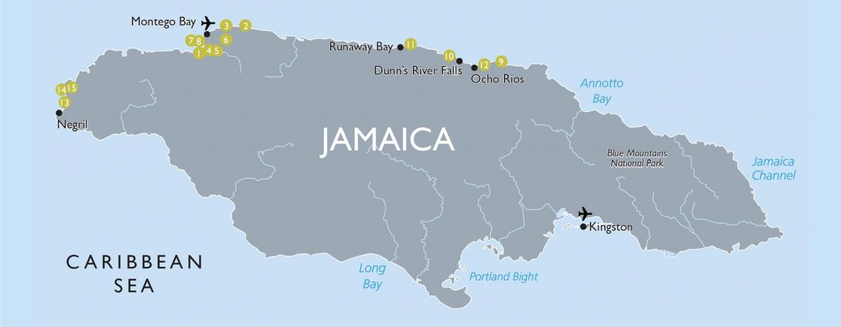 kaart van de toeristische attracties in jamaica