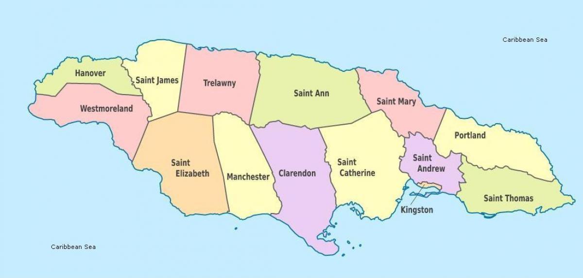 een kaart van jamaica met gemeenten en hoofdsteden